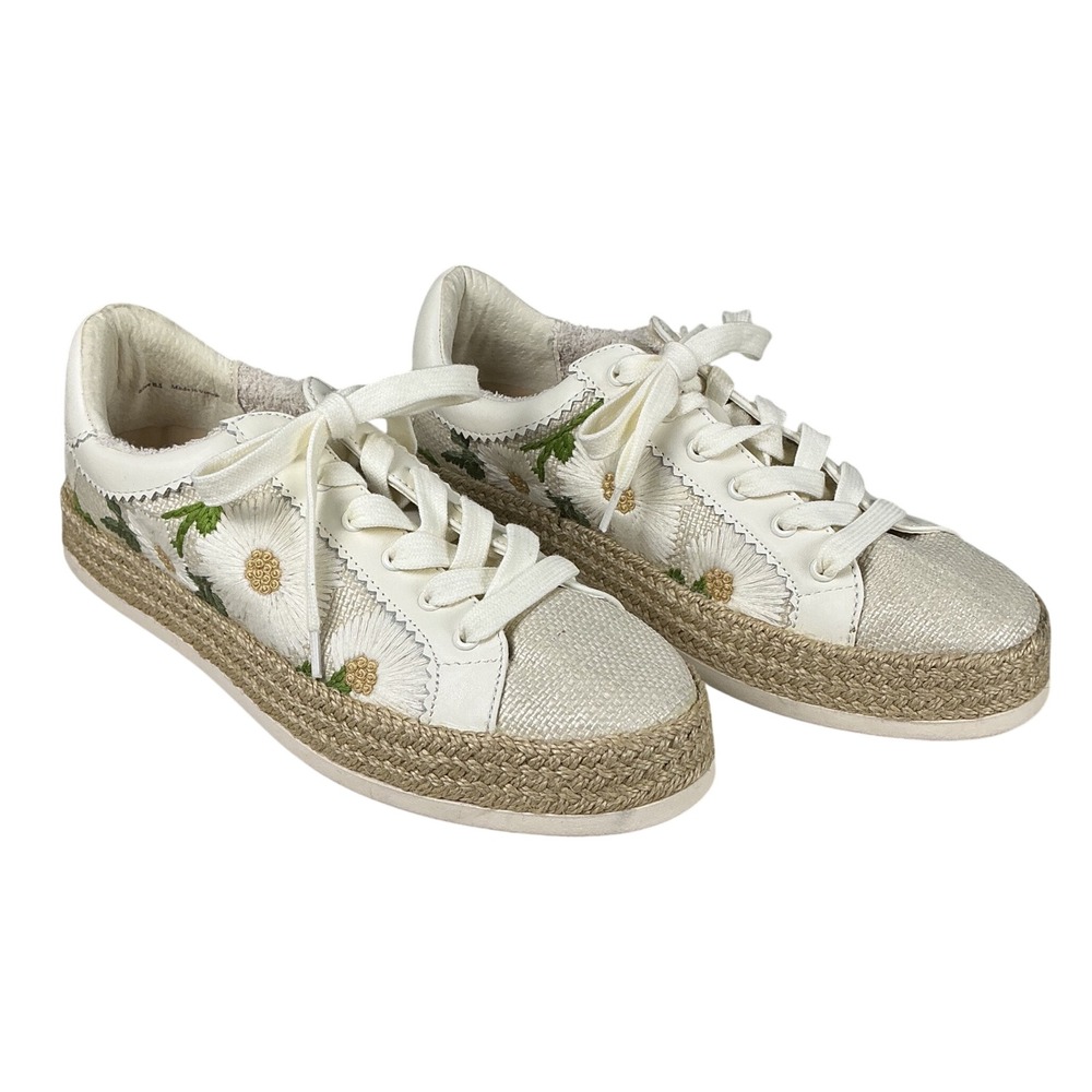 Dolce Vita Azalia White Daisy Embroidered Espadrille Platform Sneakers Women 8.5